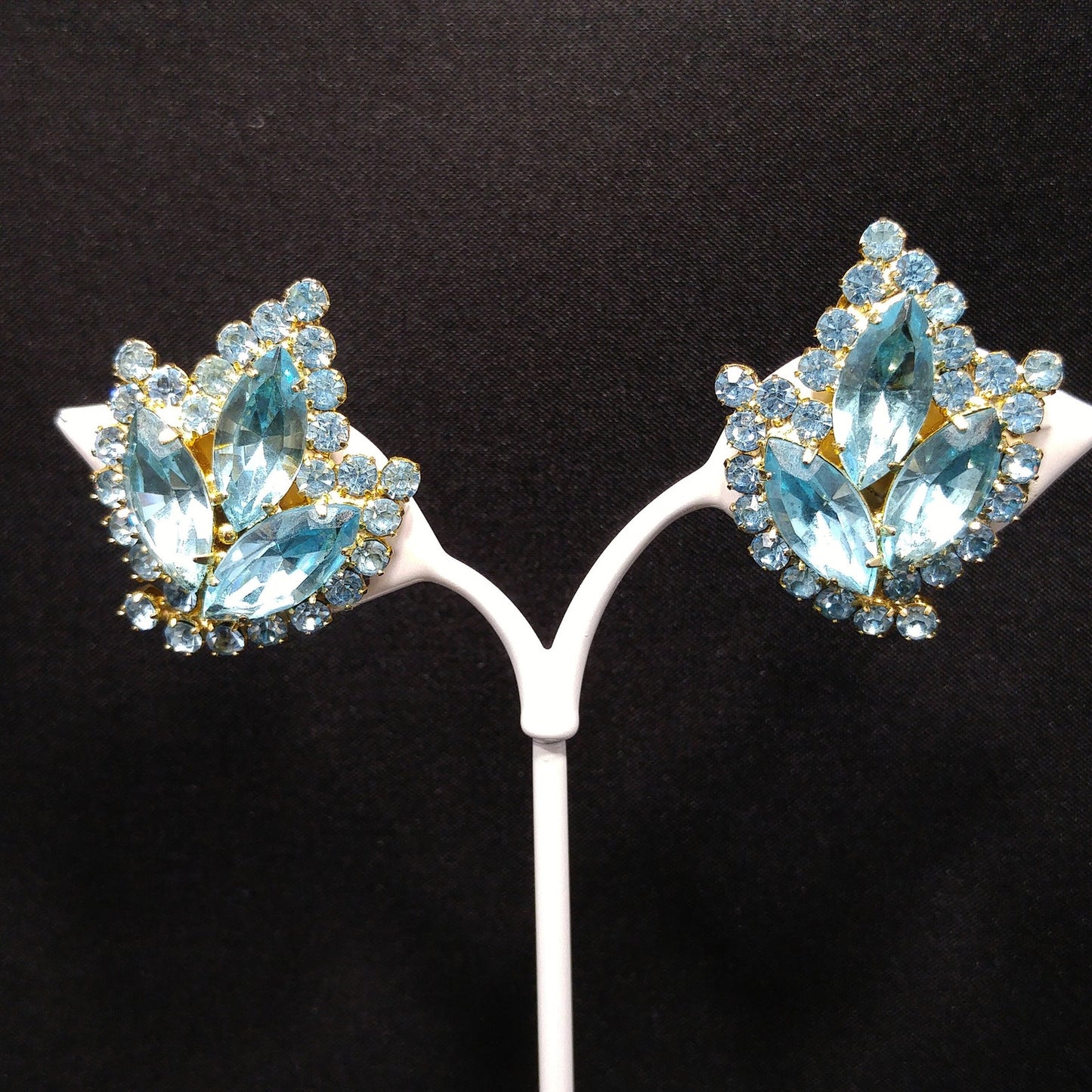Weiss Light Blue Rhinestone Clip Earrings, Gold Plated, 1960s Vintage Jewelry