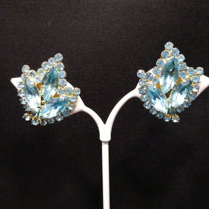 Weiss Light Blue Rhinestone Clip Earrings, Gold Plated, 1960s Vintage Jewelry
