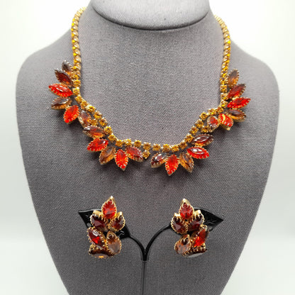Vintage Orange Topaz Rhinestone Necklace Earrings Set, Gold Plated, 1960s