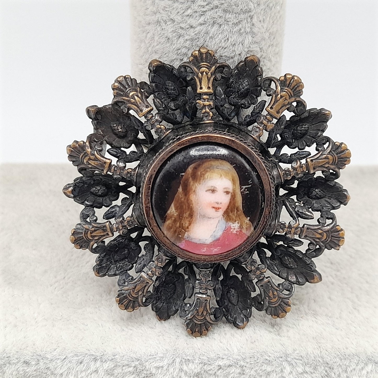 Antique Edwardian Portrait Brooch, C Clasp, Brass Filigree, Early 1900s