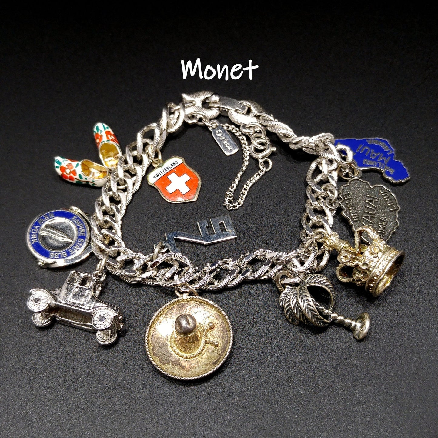 Monet Silver Tone Charm Bracelet, Sterling Silver Travel Charms, 1970s Vintage Jewelry