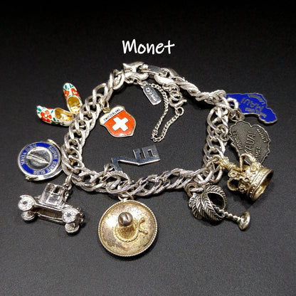 Monet Silver Tone Charm Bracelet, Sterling Silver Travel Charms, 1970s Vintage Jewelry