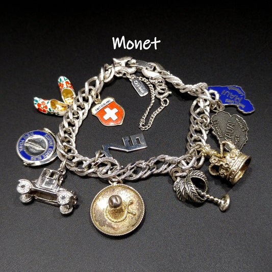 Monet Silver Tone Charm Bracelet, Sterling Silver Travel Charms, 1970s Vintage Jewelry