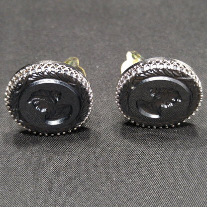Vintage Whiting & Davis Cameo Clip Earrings, Reverse Intaglio, Silver Tone