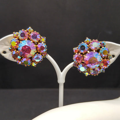 Kramer Pink Brooch Clip Earrings, Aurora Borealis, 1960s Vintage Jewelry