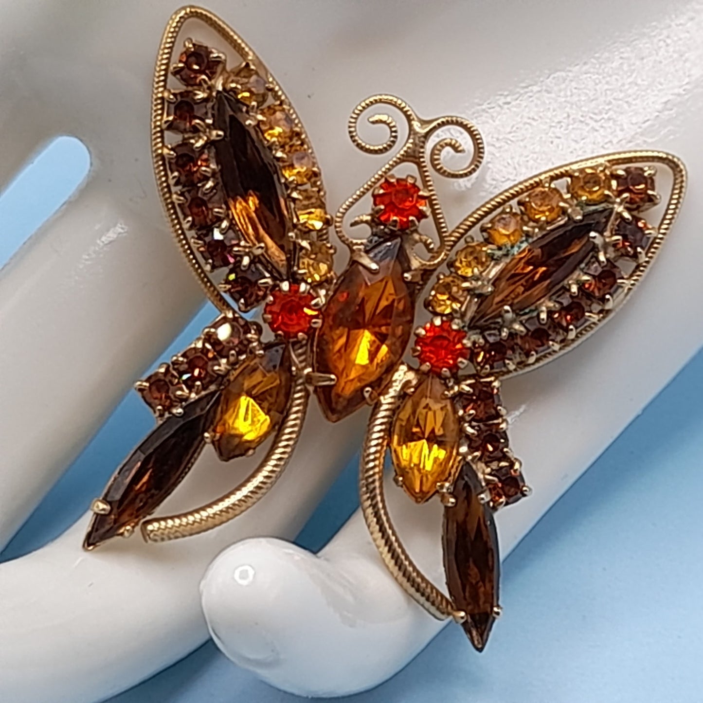 Vintage Butterfly Brooch Topaz Orange Gold Rhinestones