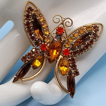 Vintage Butterfly Brooch Topaz Orange Gold Rhinestones