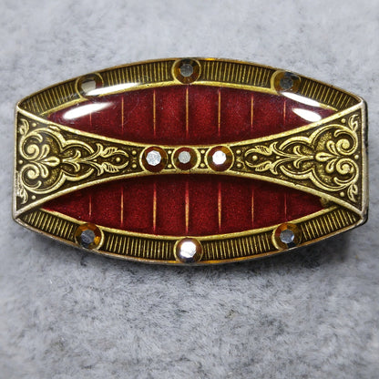 Catherine Popesco Red Enamel Art Deco Brooch, Rhinestones Under Enamel, France, 1980s Vintage Jewelry