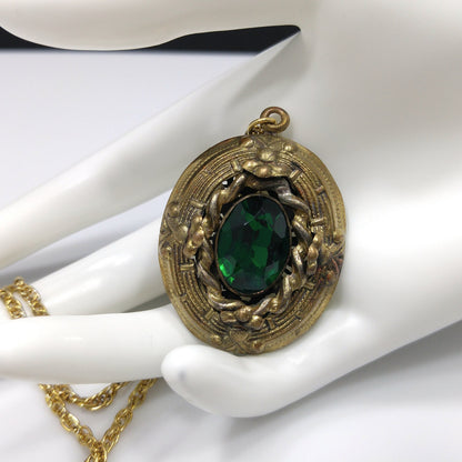 Antique 1920s Czech Emerald Green Glass Pendant Gold Filigree Necklace