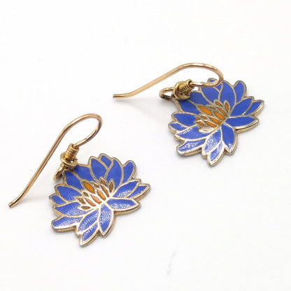 Vintage Laurel Burch Blue Orange Lily Earrings, Enamel Cloisonne, Gold Plated
