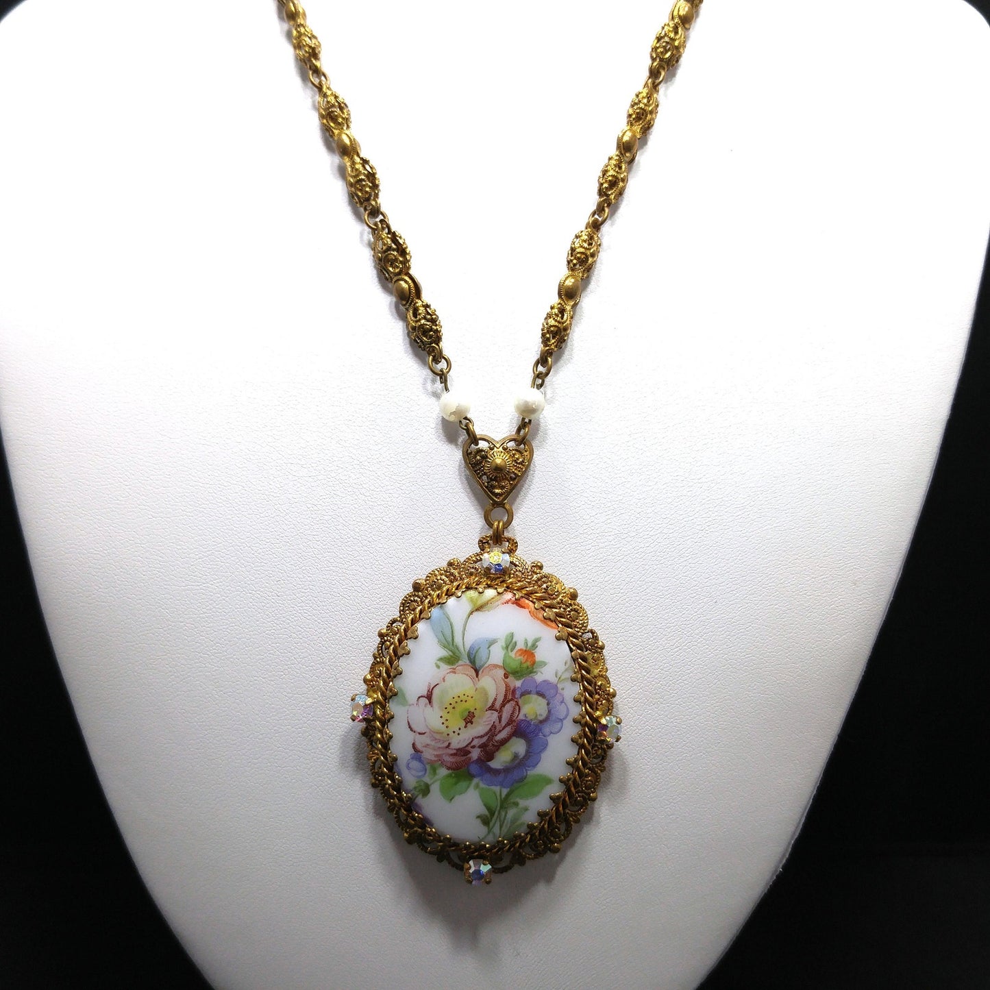 Western Germany Purple Floral Pendant Necklace, Filigree Rhinestones Faux Pearls, 1950s Vintage Jewelry