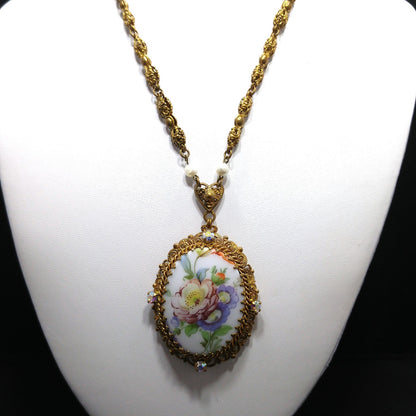 Western Germany Purple Floral Pendant Necklace, Filigree Rhinestones Faux Pearls, 1950s Vintage Jewelry