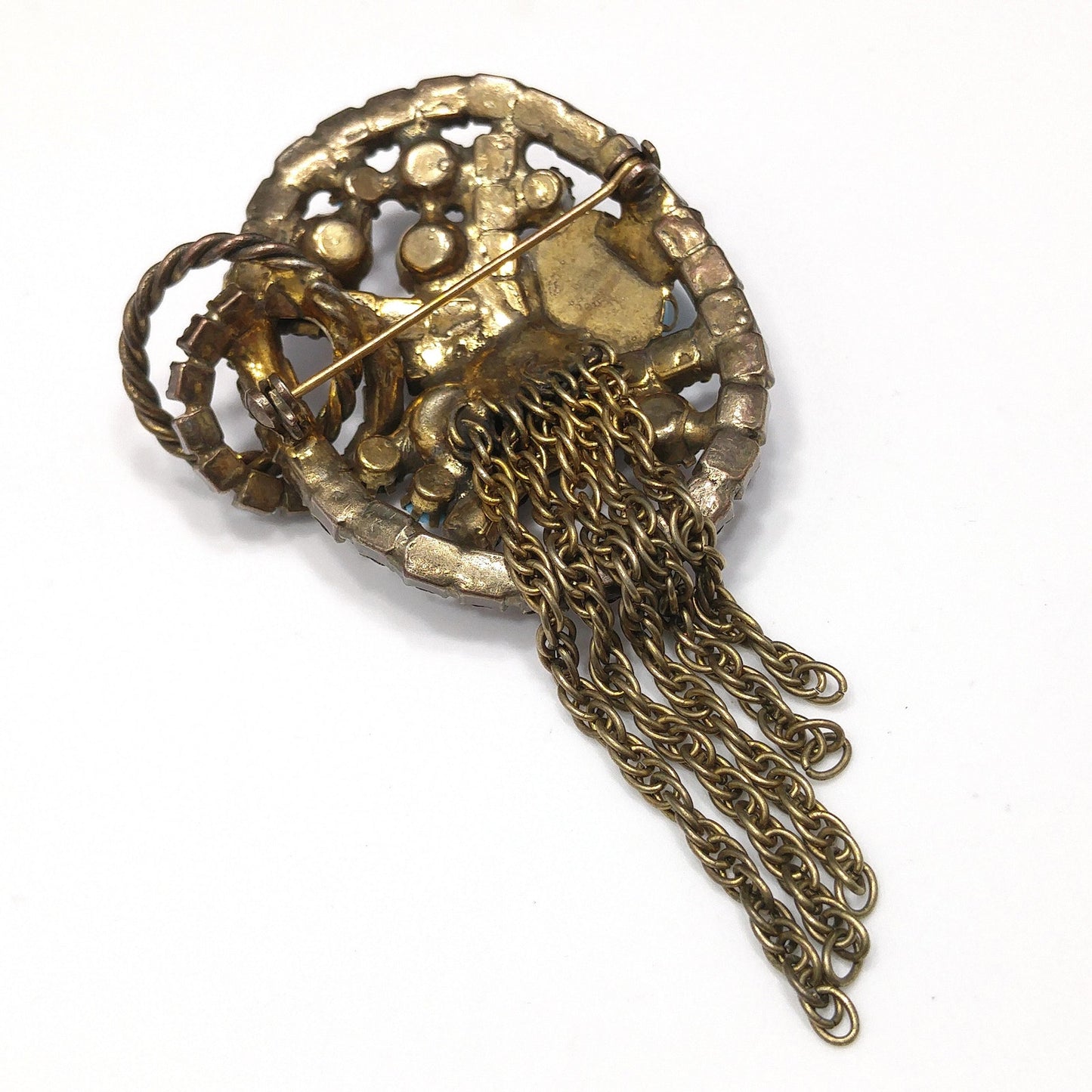 Vintage Purple Rhinestone Turquoise Cabochon Brooch, Antique Gold Tone Fringe Pin