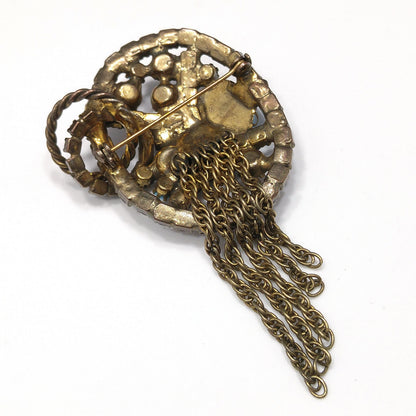 Vintage Purple Rhinestone Turquoise Cabochon Brooch, Antique Gold Tone Fringe Pin