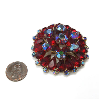 Ruby Red Rhinestone Brooch, Aurora Borealis, Gold Plated, 1960s Vintage Jewelry