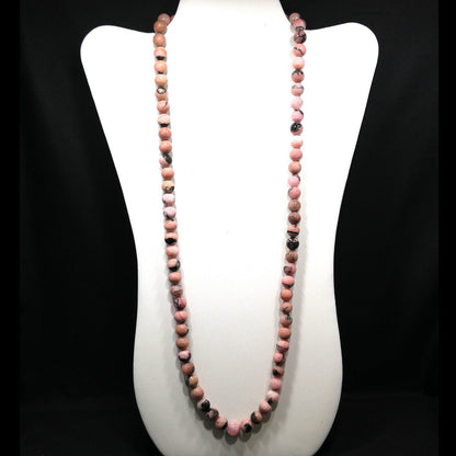 Pink Black Gemstone Beaded Necklace, Rhodonite 10mm Beads, 1970s Vintage Jewelry