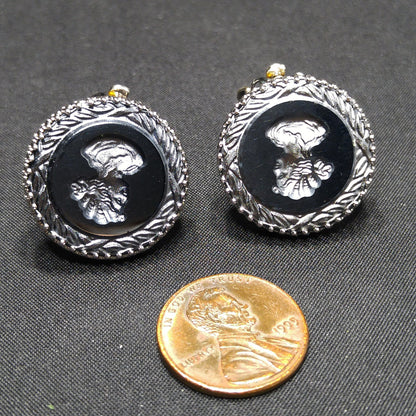 Vintage Whiting & Davis Cameo Clip Earrings, Reverse Intaglio, Silver Tone