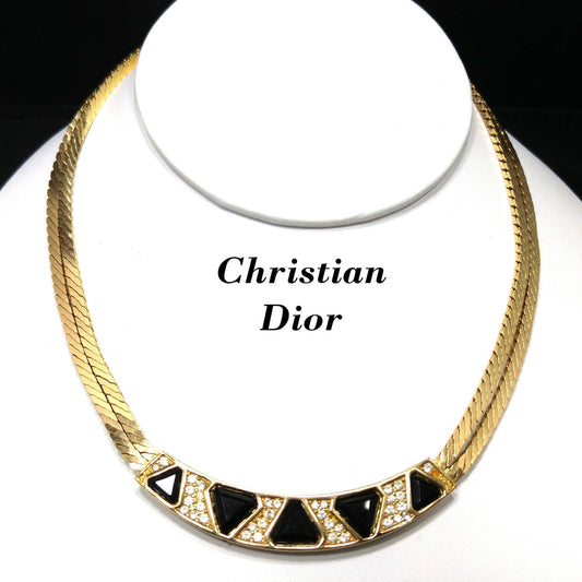 Vintage Christian Dior Black Crystal Geometric Necklace, Clear Rhinestones, Gold Plated
