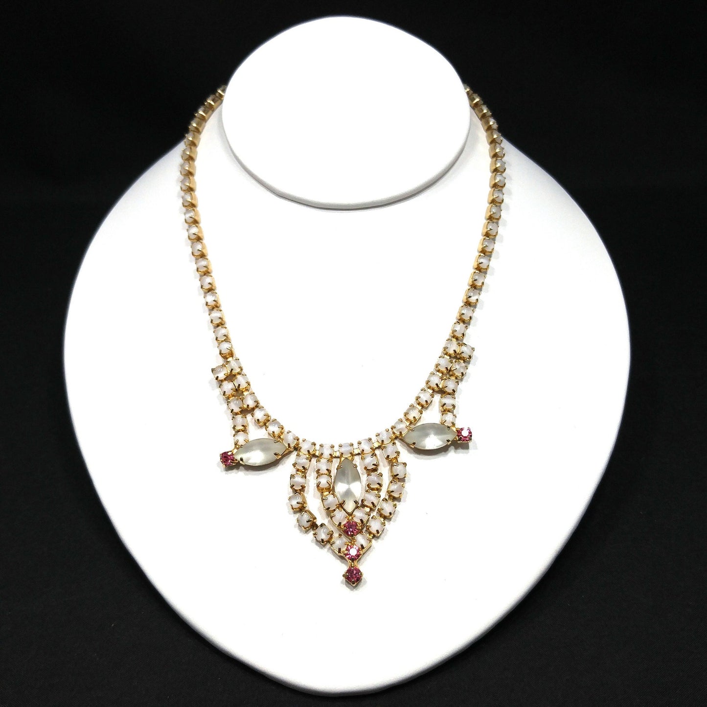 Frosty White Pink Rhinestone Necklace, Gold Plated, 1960s Vintage Jewelry