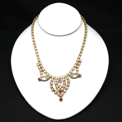 Frosty White Pink Rhinestone Necklace, Gold Plated, 1960s Vintage Jewelry