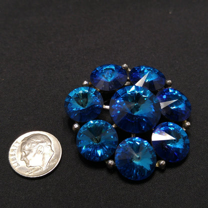 Vintage Weiss Blue Rivoli Rhinestone Brooch, Foil Back Stones
