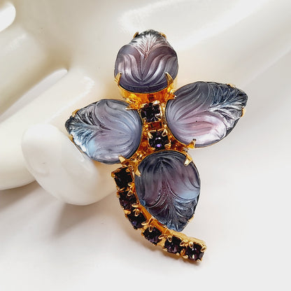 Vintage Purple Glass Leaf Brooch, Gold Plated Floral Pin, Amethyst Rhinestone Accents, 1950s Jewelry, Juliana Style Costume Brooch
