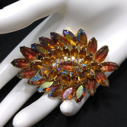 Topaz Rhinestone Lava Glass Brooch, Gold Plated, 1960s Vintage Jewelry