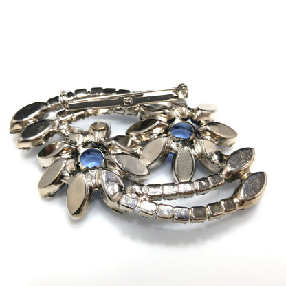 Blue Rhinestone Floral Brooch, Rhodium Plated, 1960s Vintage Jewelry