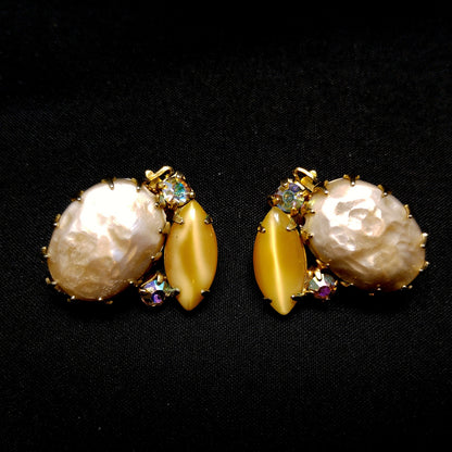 Faux Baroque Pearls AB Rhinestone Brooch Earrings, Gold Plated, 1960s Vintage Jewelry