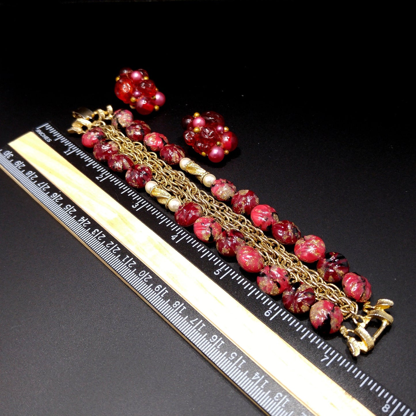 Kramer Red Thermoset Beaded Bracelet & Earrings, 22K Gold Plated Bracelet, 1940s Vintage Jewelry
