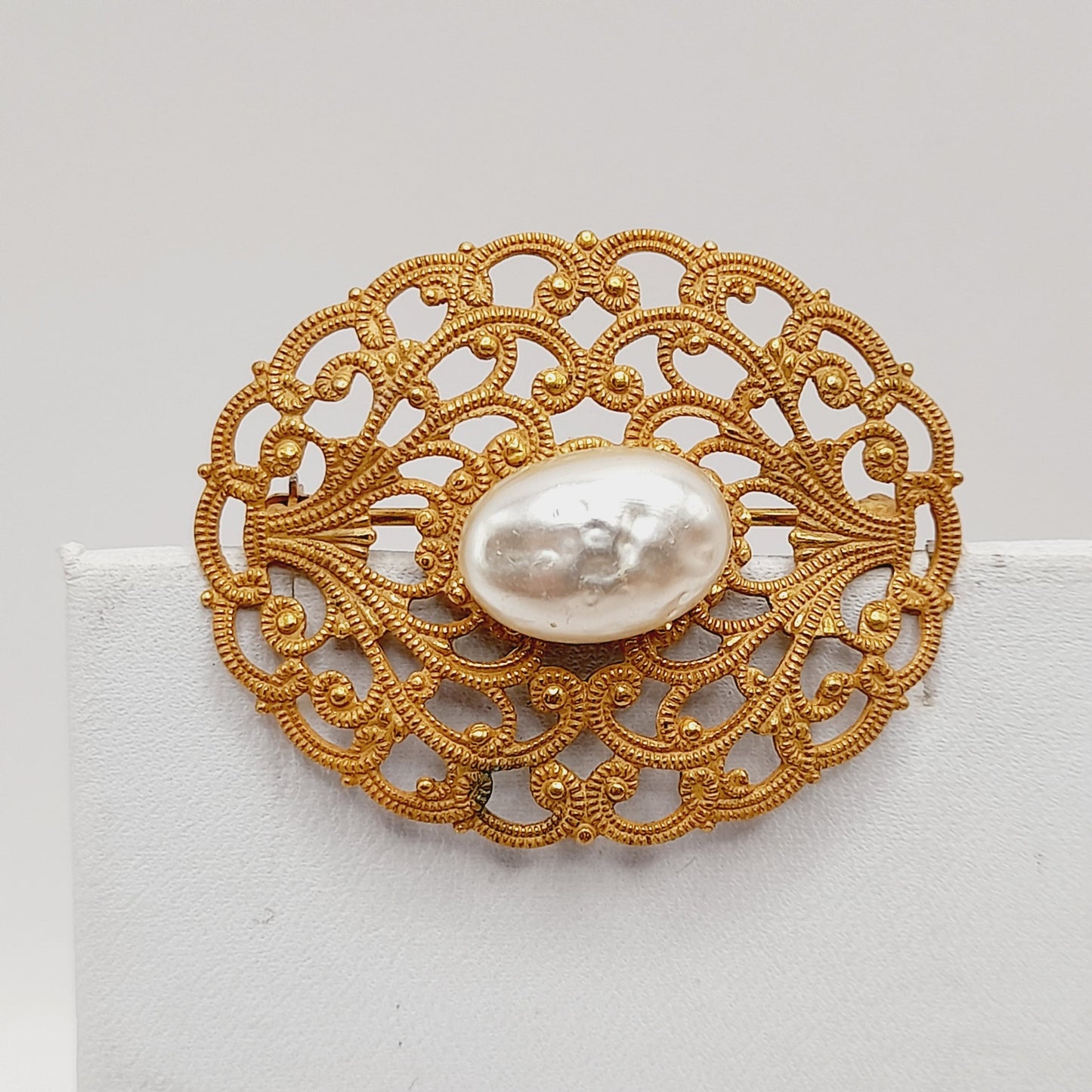 Vintage Miriam Haskell Brooch, Baroque Glass Pearl, Gold Filigree Pin, Designer Signed Jewelry, Mid Century Collectible Gift
