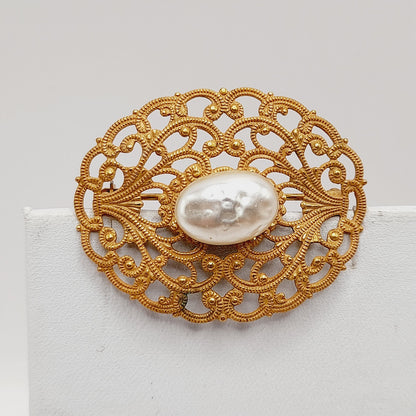 Vintage Miriam Haskell Brooch, Baroque Glass Pearl, Gold Filigree Pin, Designer Signed Jewelry, Mid Century Collectible Gift