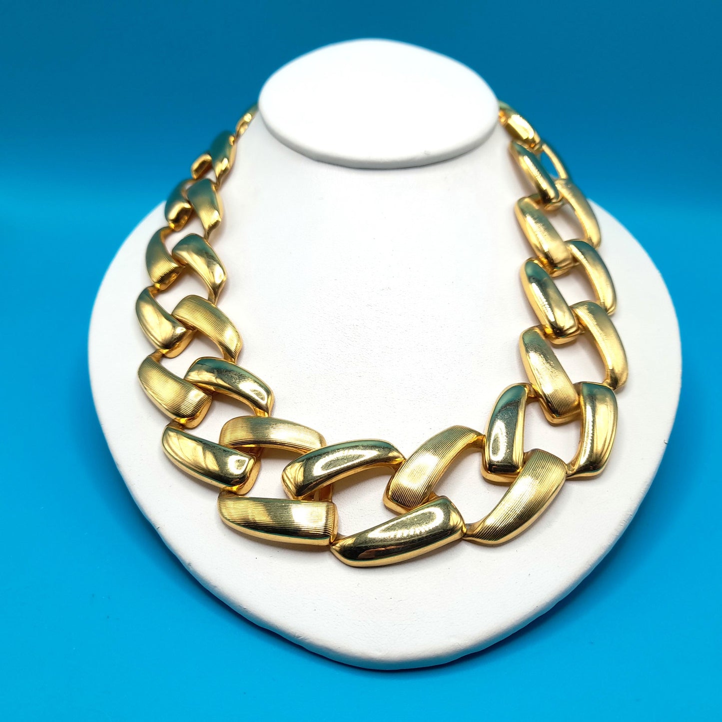 Vintage Chain Choker Necklace, Interlocking Gold Tone, 1980s