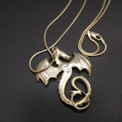 Silver Dragon Pendant Necklace, 925 Italy Snake Chain, 1970s Vintage Jewelry