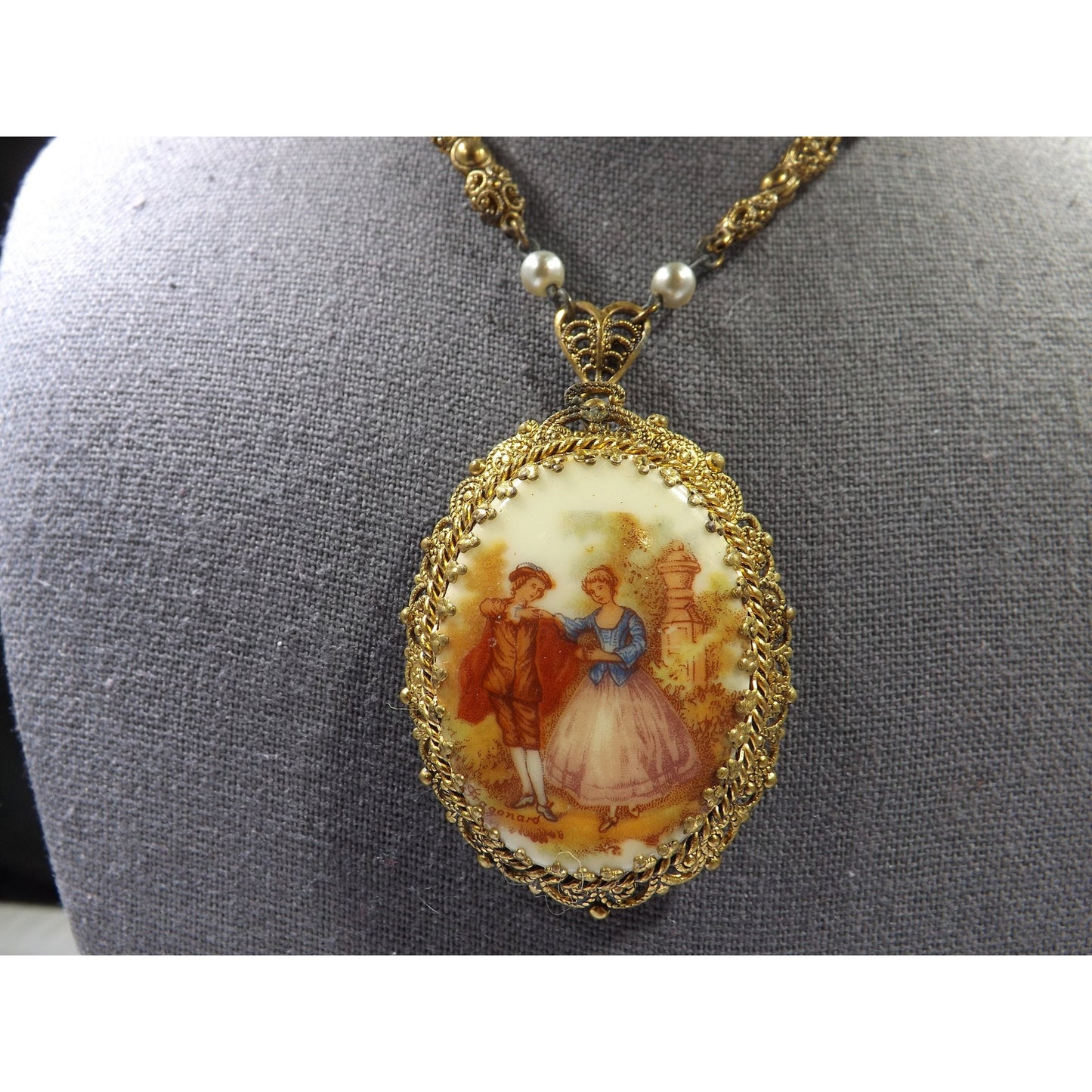 Germany Cameo Pendant Necklace Brooch Earrings Set, Filigree 1940s Vintage Jewelry