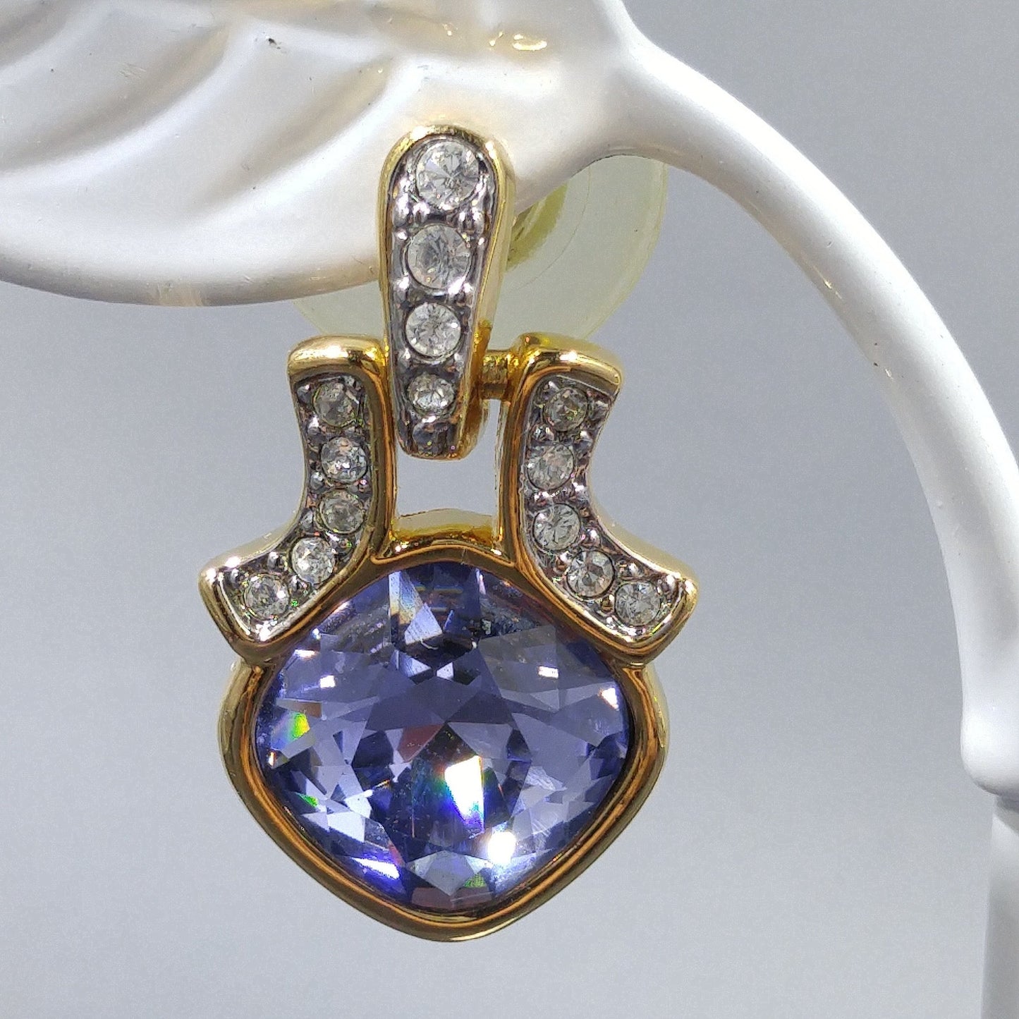 Swarovski Purple Crystal Post Earrings, Gold Plated, Swan Logo, 1990s Vintage