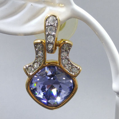 Swarovski Purple Crystal Post Earrings, Gold Plated, Swan Logo, 1990s Vintage
