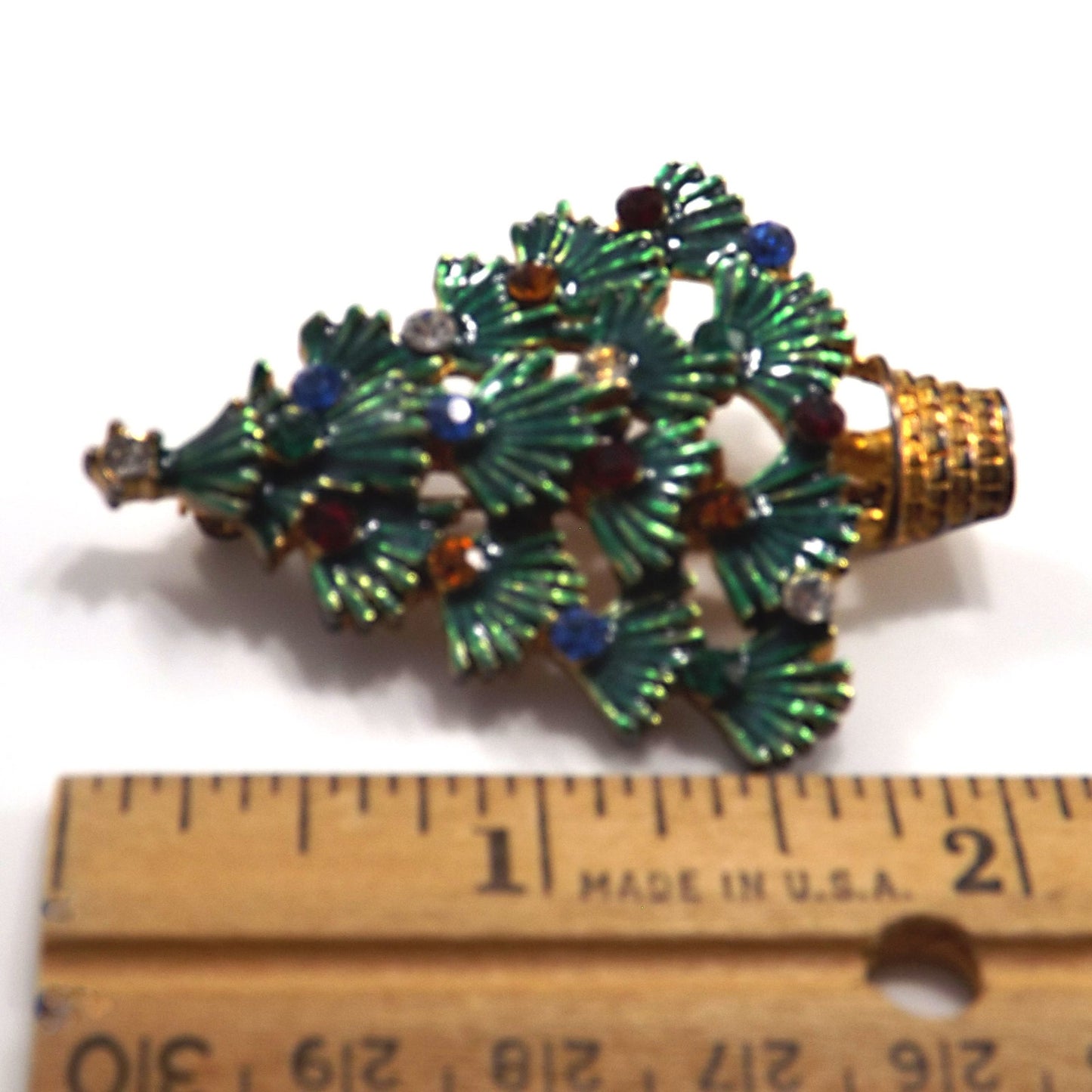 Eisenberg Ice Christmas Tree Brooch, Enamel Leaves, Rhinestones, 1970s Vintage