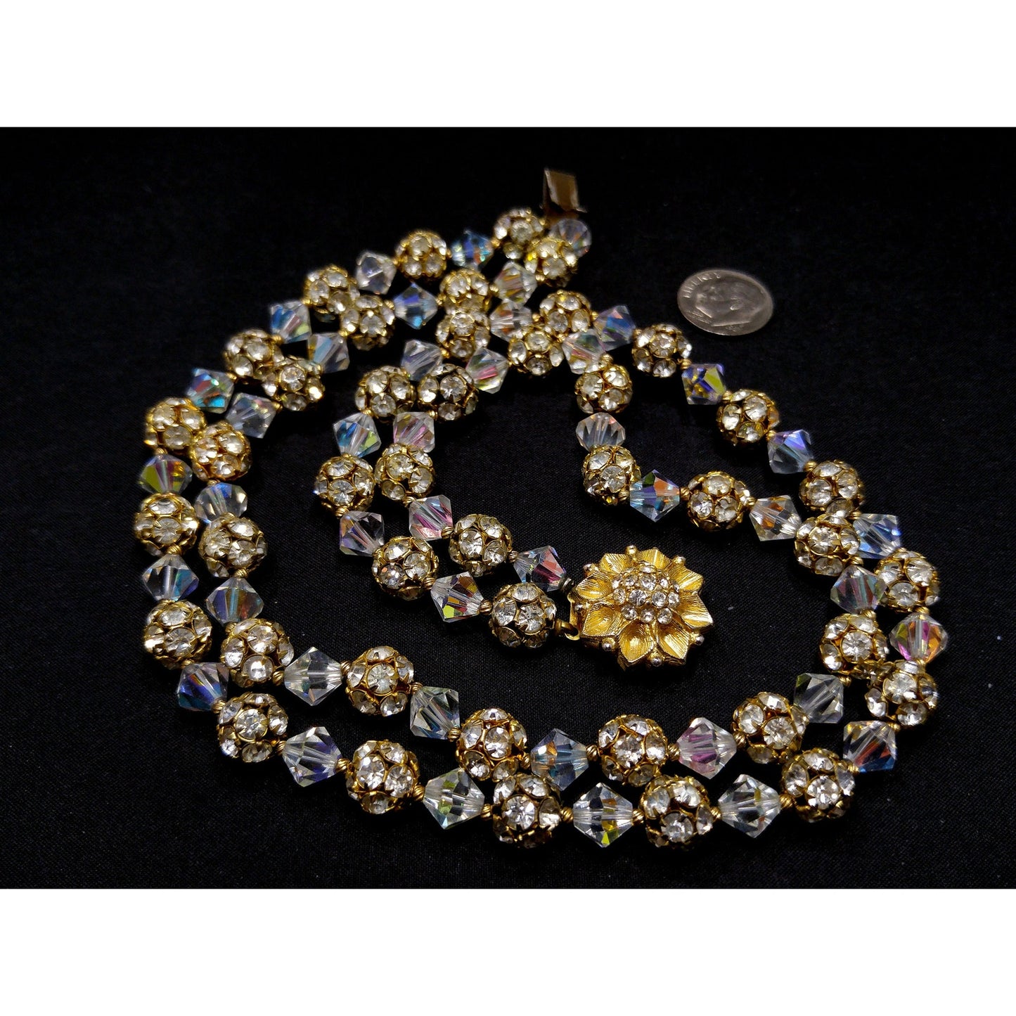 Vintage 1960s AB Crystal Rhinestone Gold Floral Clasp Two Strand Necklace