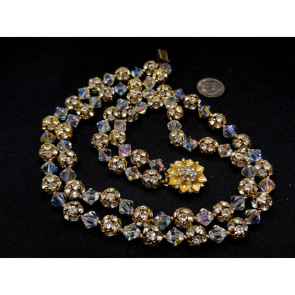 Vintage 1960s AB Crystal Rhinestone Gold Floral Clasp Two Strand Necklace