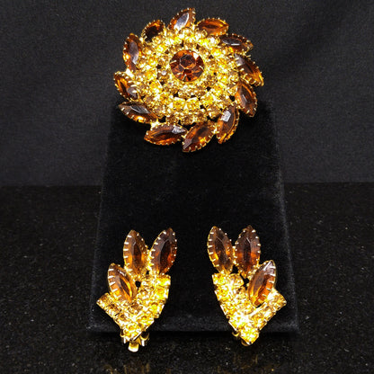 Domed Topaz Rhinestone Brooch & Earrings Set, Gold Plated, 1960s