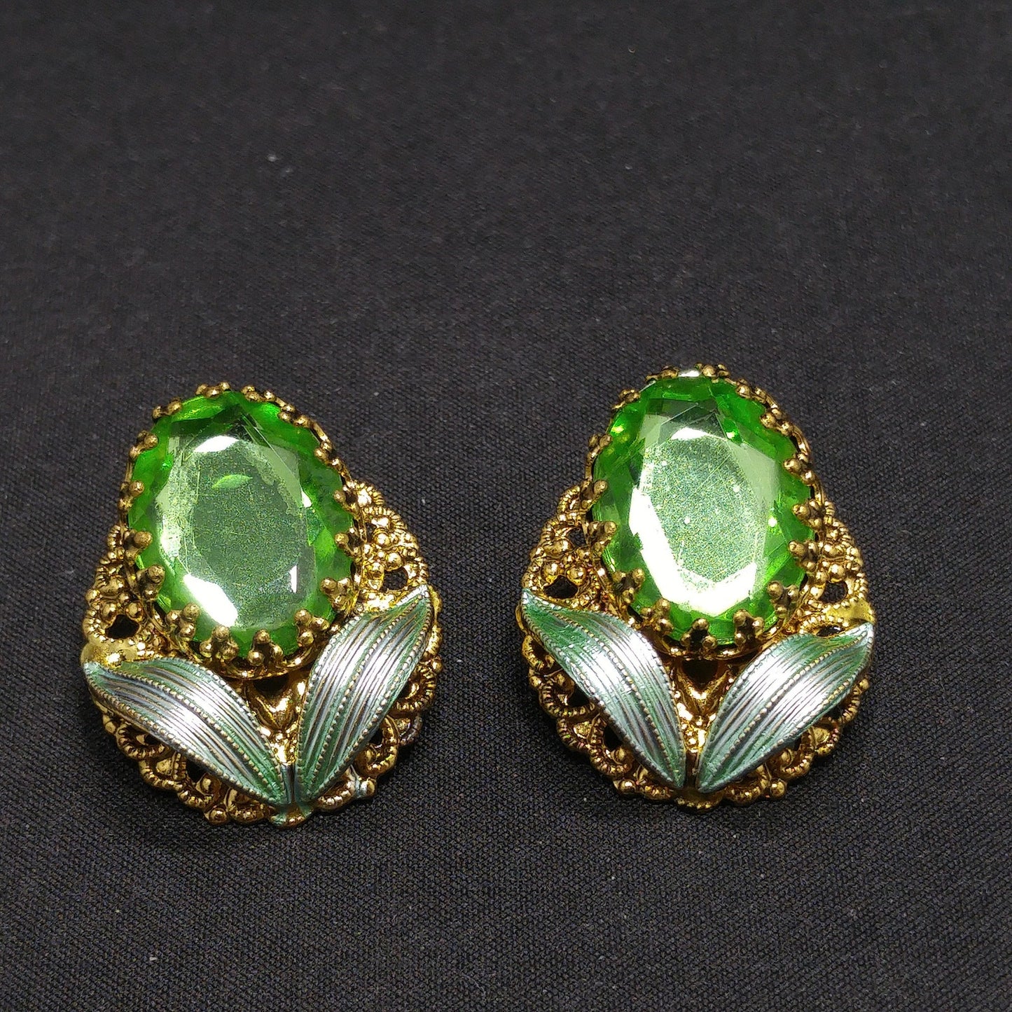 West Germany Green Clip Earrings, Filigree Green Enamel, Faux Pearls, 1950s Vintage Jewelry