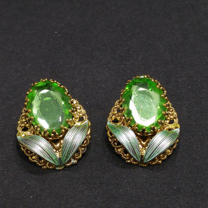 West Germany Green Clip Earrings, Filigree Green Enamel, Faux Pearls, 1950s Vintage Jewelry