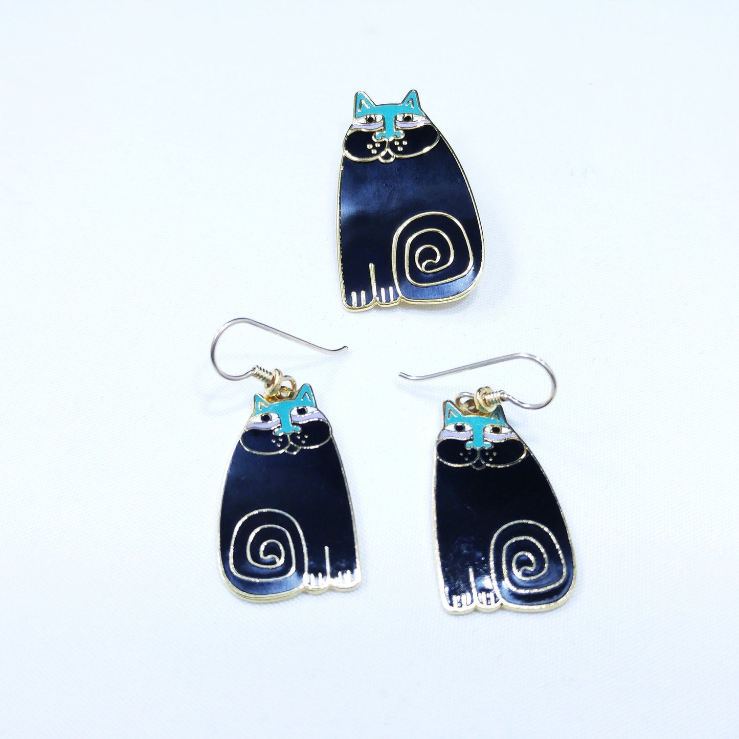 Laurel Burch "Olivia" Cat Earrings & Pendant Brooch Combo, 1980s Vintage Jewelry