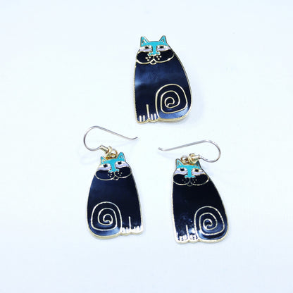 Laurel Burch "Olivia" Cat Earrings & Pendant Brooch Combo, 1980s Vintage Jewelry