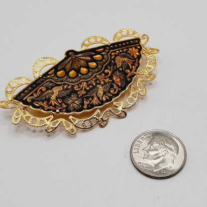 Vintage Damascene Fan Brooch Gold Black Filigree Pin 2.5 Inch