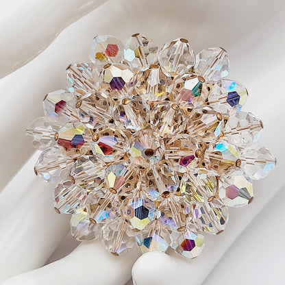 Vintage Crystal Aurora Borealis Clear Beaded 1960s Brooch