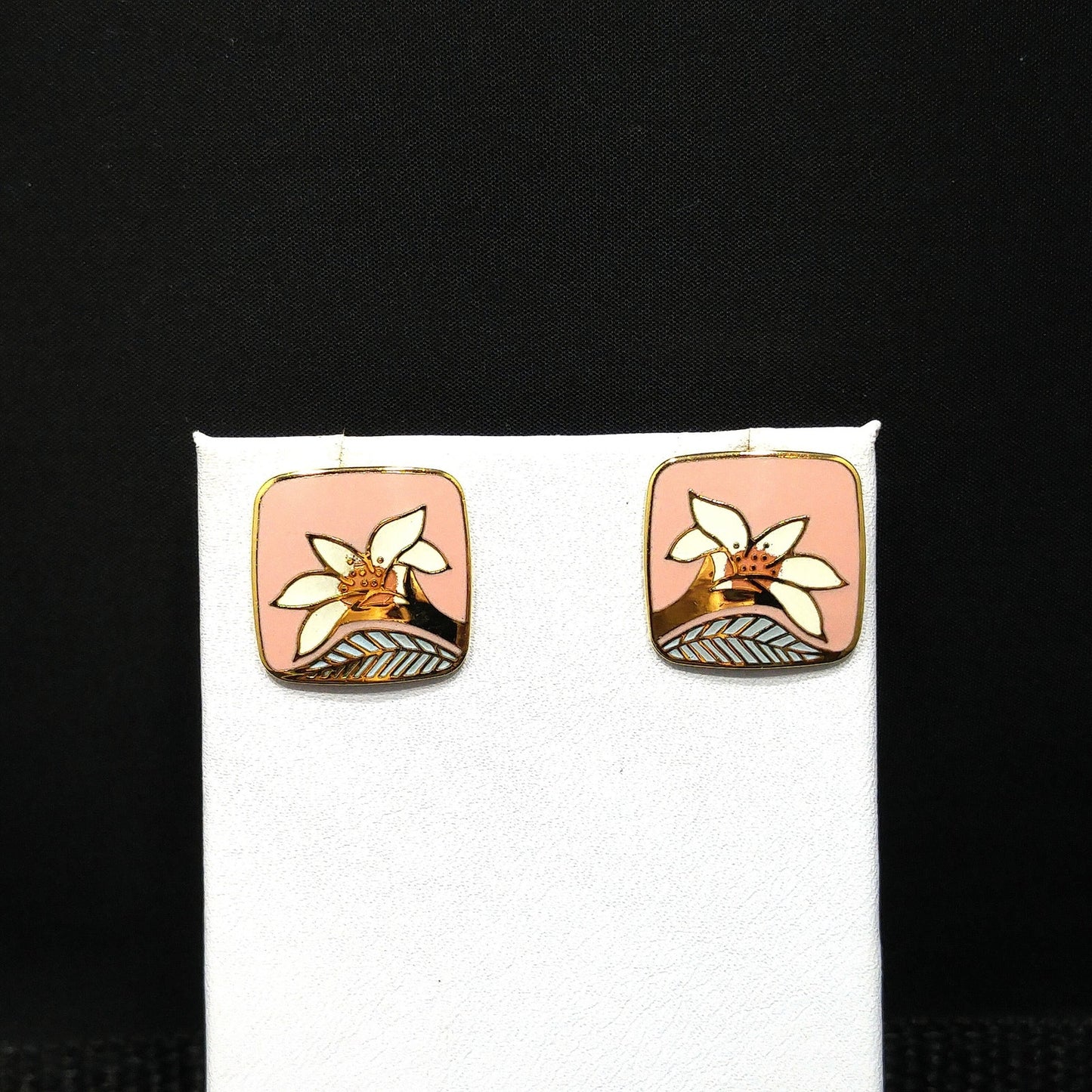 Vintage Laurel Burch "Wild Lily" Pink Post Earrings, Cloisonne Gold Plated
