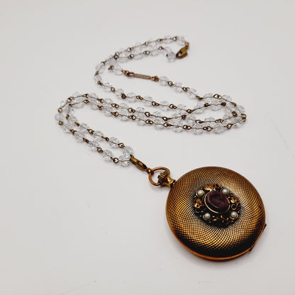 Vintage Extasia Intaglio Pocket Watch Style Locket Clear Bead Necklace, 28 Inches