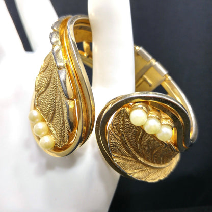Tortolani Gold Plated Hinged Cuff Bracelet Leaf Design Faux Pearls 1960s Vintage